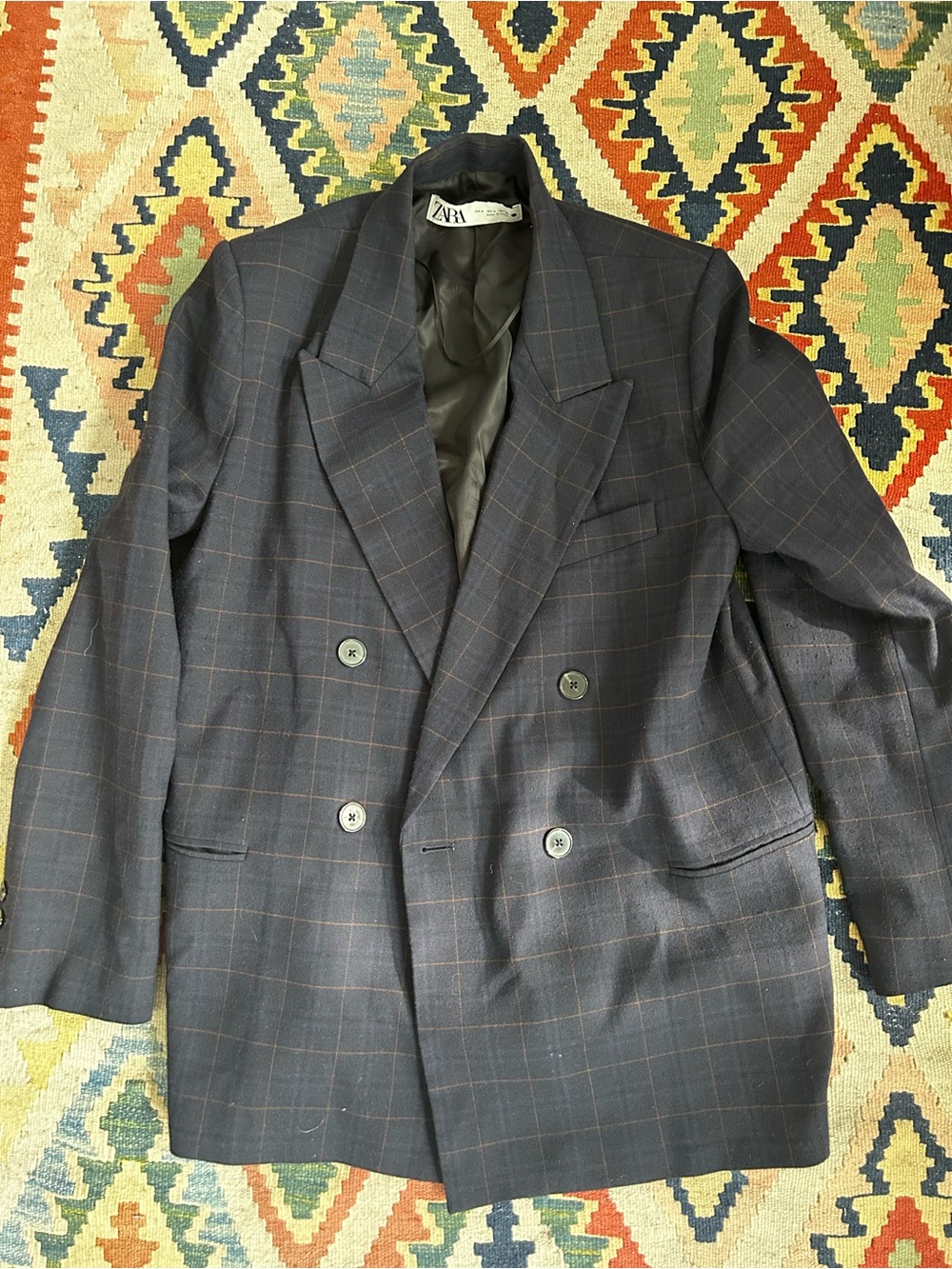 Zara Men’s Dark Navy Windowpane Double-Breasted Blazer
